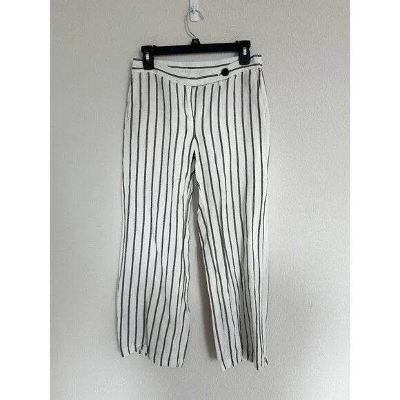 J Jill Women’s Leg Linen Blend Straight Striped White Size 4p Pockets Zip Beachy - Picture 1 of 7